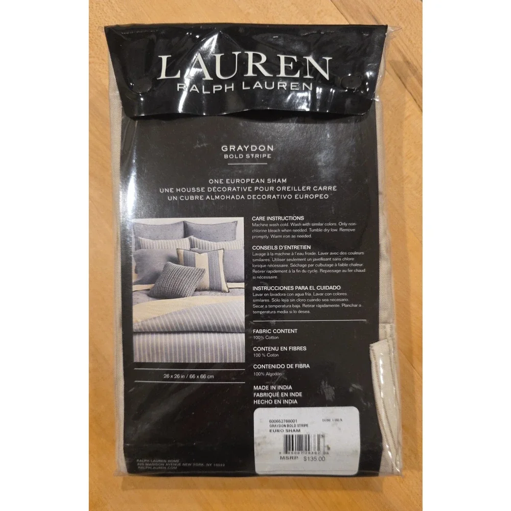 Lauren Ralph Lauren Graydon Bold Stripe Euro Sham Pillow 26x26 Dune Linen NIP
